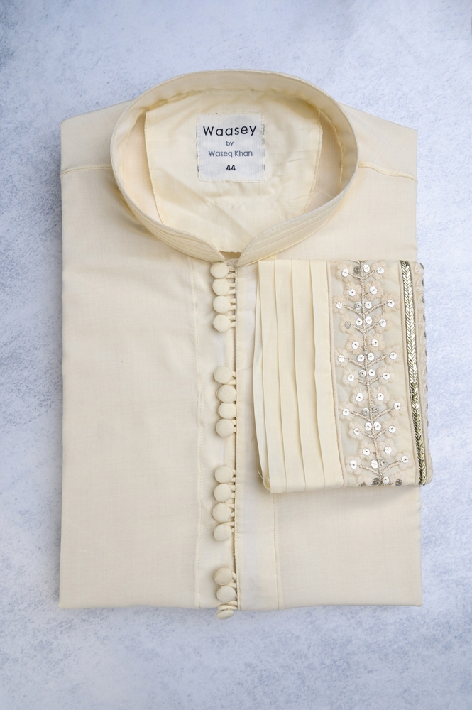 Ivory Beaded Panjabi with Delicate Embroidery